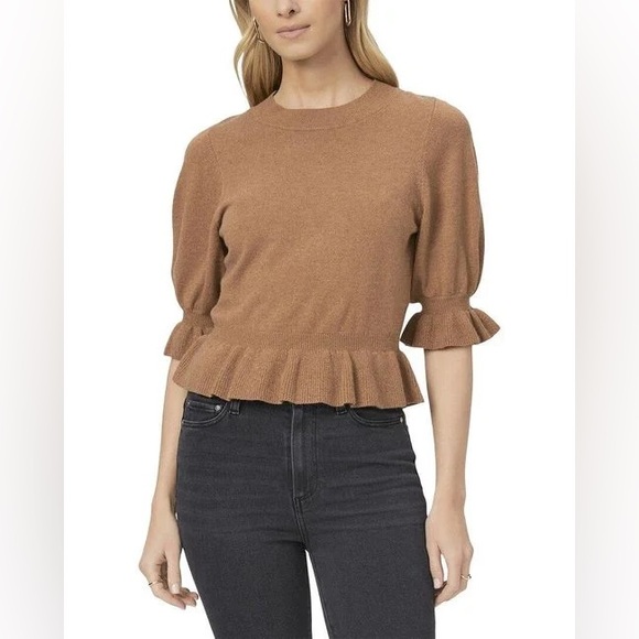 PAIGE Tops - PAIGE Sabelina Merino Wool and Cashmere Blend Peplum Sweater in Dark Caramel